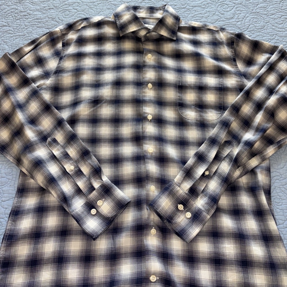 Peter Millar Men's Large Summer Soft Long Sleeve Button Down Shirt Navy Plaid